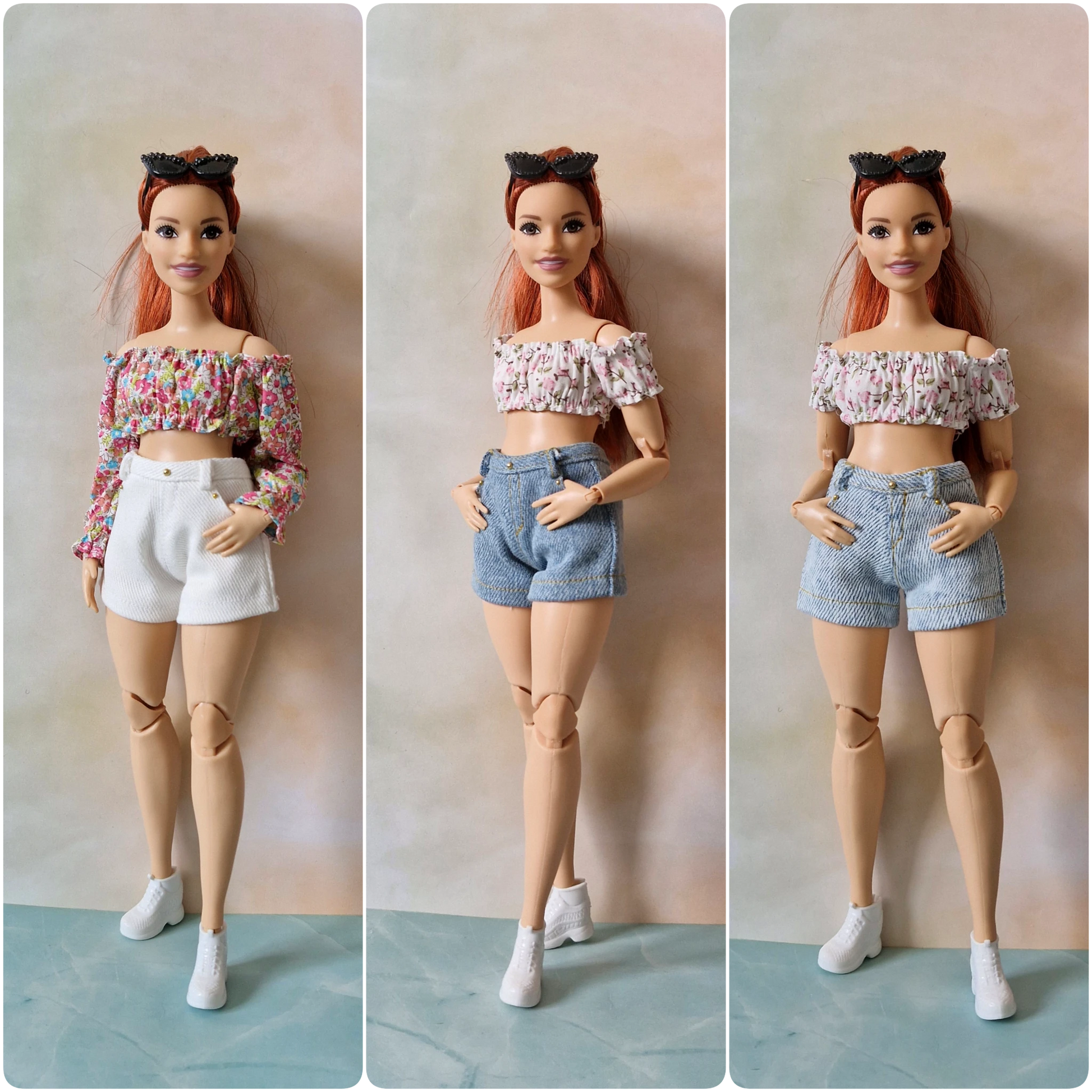 Composite image showing a Curvy Barbie doll in three summer shorts outfits with floral crop tops.
