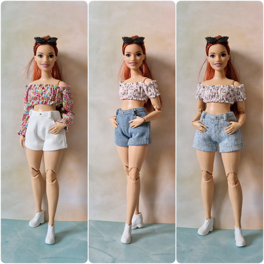 Composite image showing a Curvy Barbie doll in three summer shorts outfits with floral crop tops.
