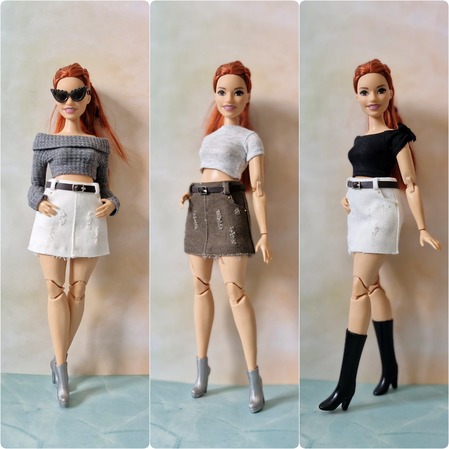 Three dolls with different outfits on a plain background
