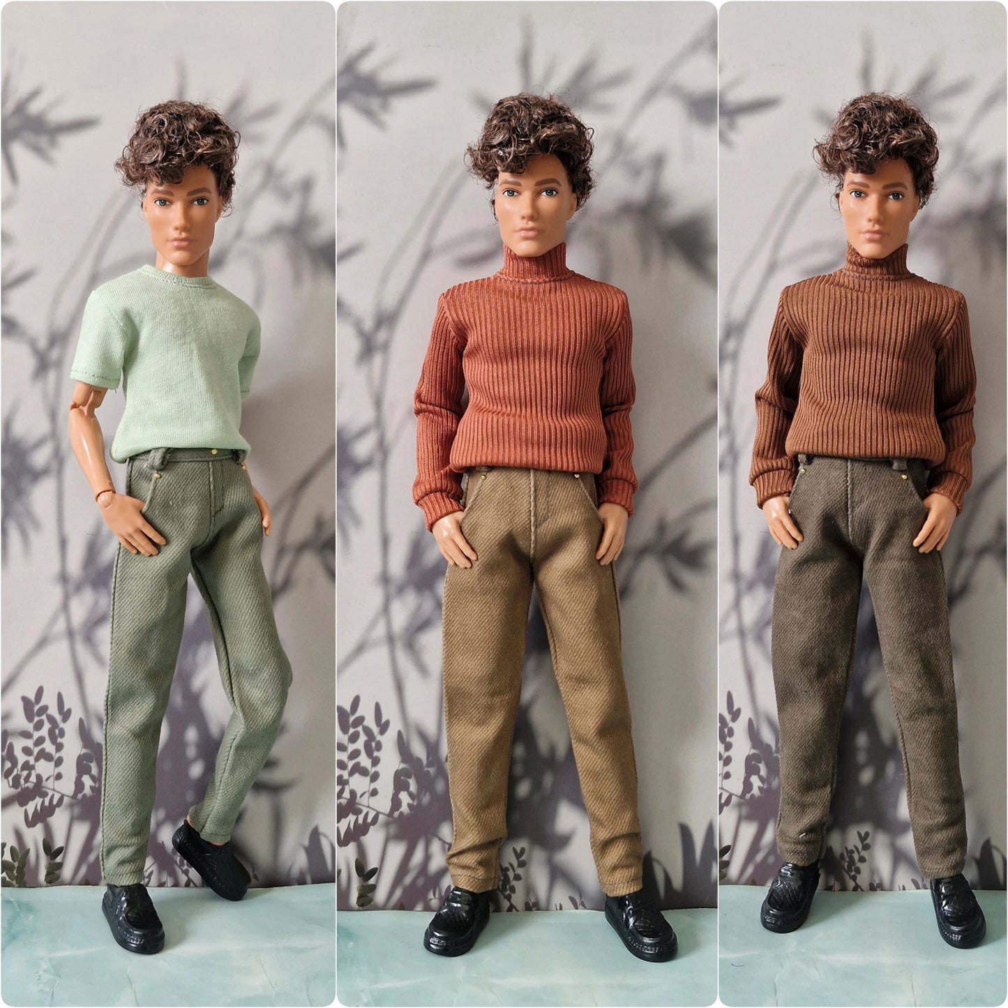 Three views of a doll dressed in different outfits against a patterned backdrop. The doll has short curly brown hair and is shown wearing a light green t-shirt with olive pants in the left panel, a rust orange ribbed turtleneck with tan pants in the center, and a rust orange ribbed turtleneck with dark brown pants in the right panel.