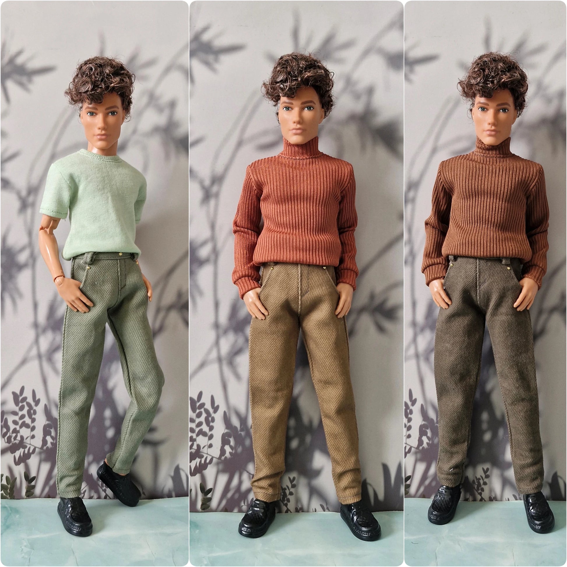 Three views of a doll dressed in different outfits against a patterned backdrop. The doll has short curly brown hair and is shown wearing a light green t-shirt with olive pants in the left panel, a rust orange ribbed turtleneck with tan pants in the center, and a rust orange ribbed turtleneck with dark brown pants in the right panel.