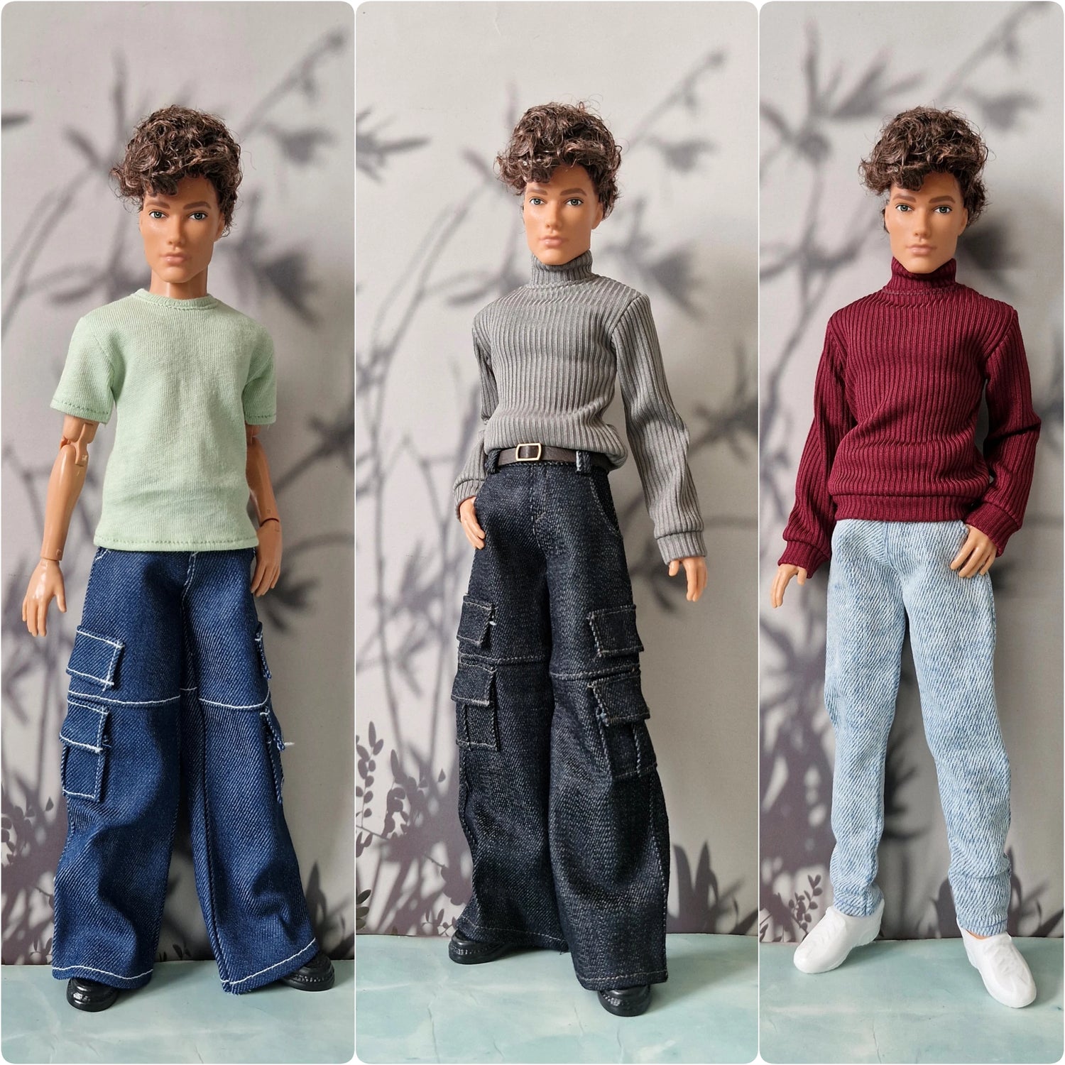 Three fashion dolls standing side by side, each wearing different outfits: a light green t-shirt with blue jeans, a gray ribbed turtleneck with dark cargo pants, and a burgundy ribbed turtleneck with light blue jeans.