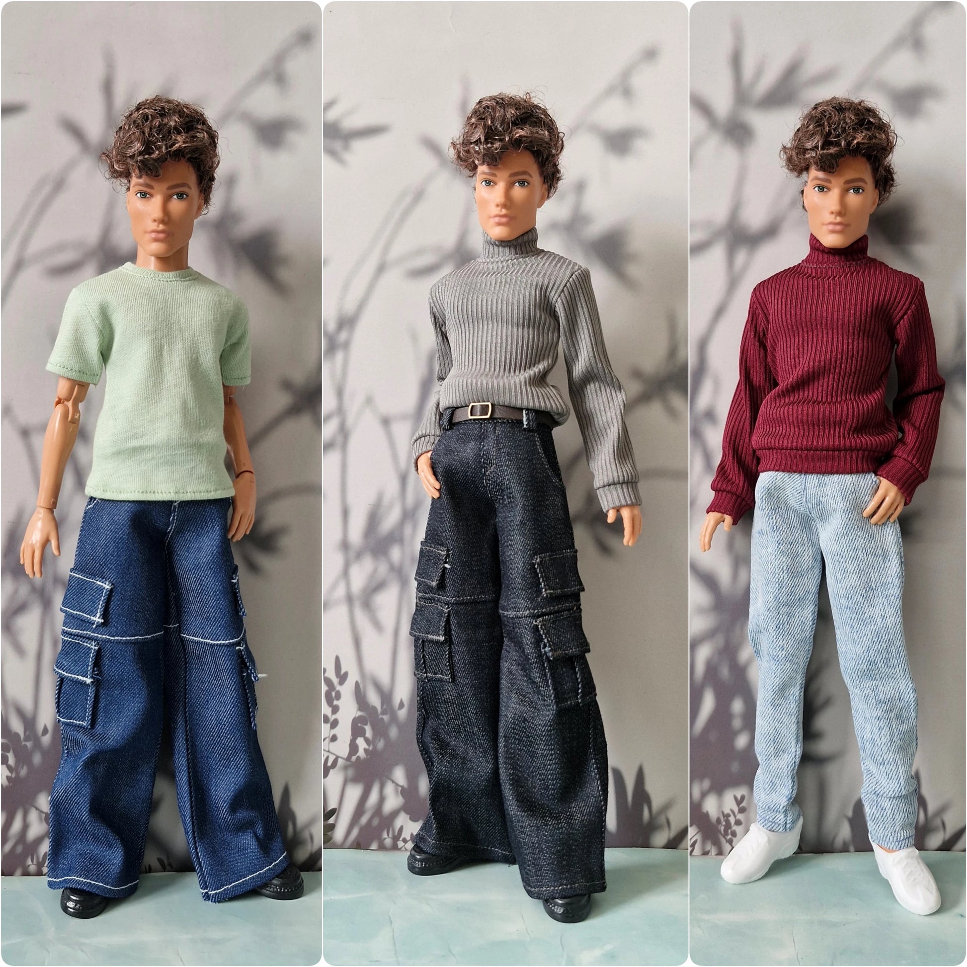 Three fashion dolls standing side by side, each wearing different outfits: a light green t-shirt with blue jeans, a gray ribbed turtleneck with dark cargo pants, and a burgundy ribbed turtleneck with light blue jeans.