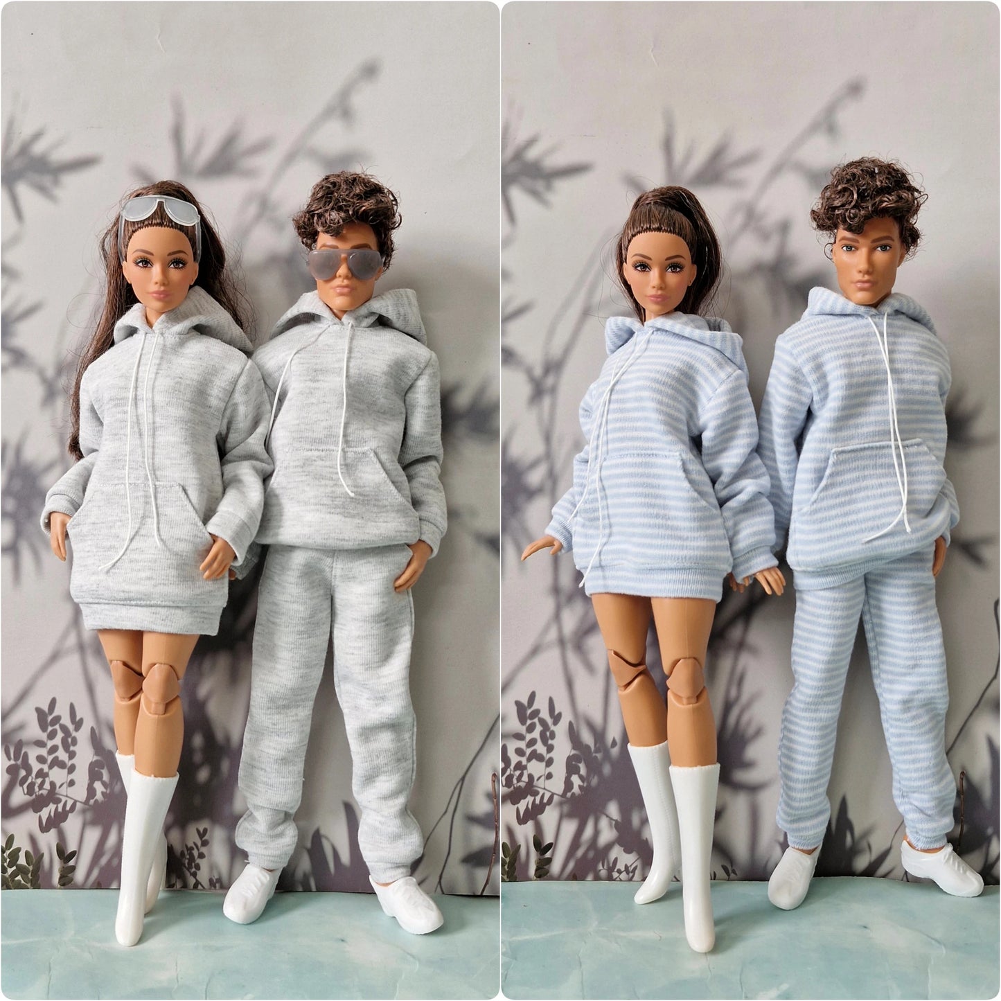 Two dolls wearing matching loungewear sets are shown side by side in a split view. The left set features a light gray heathered hoodie and sweatpants, while the right set features a light blue and white striped hoodie and sweatpants.
