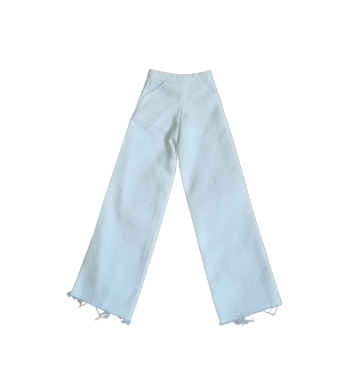 White doll pants with wide legs and frayed hems - Barbie clothes.