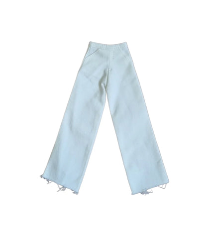 White doll pants with wide legs and frayed hems - Barbie clothes.