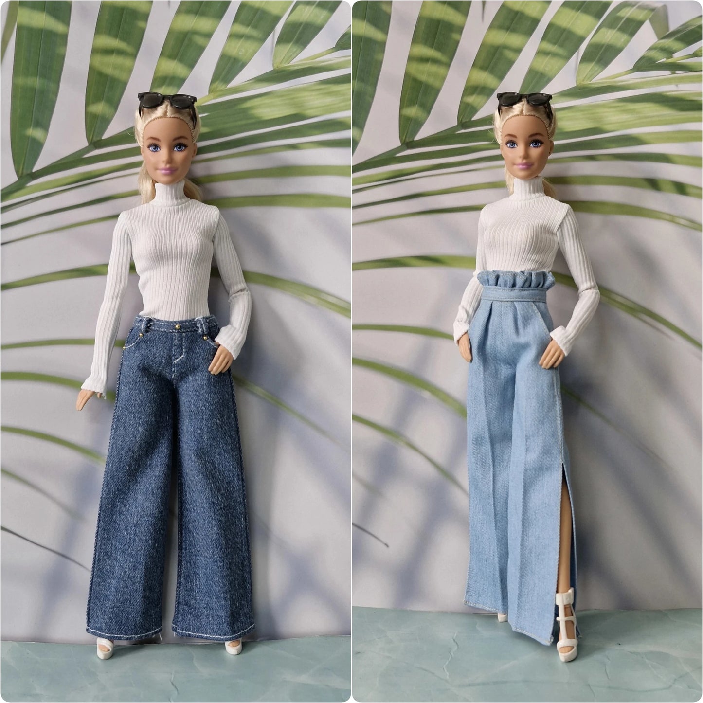 Barbie doll wearing a white top and blue pants with a slit, standing against a leafy green background.