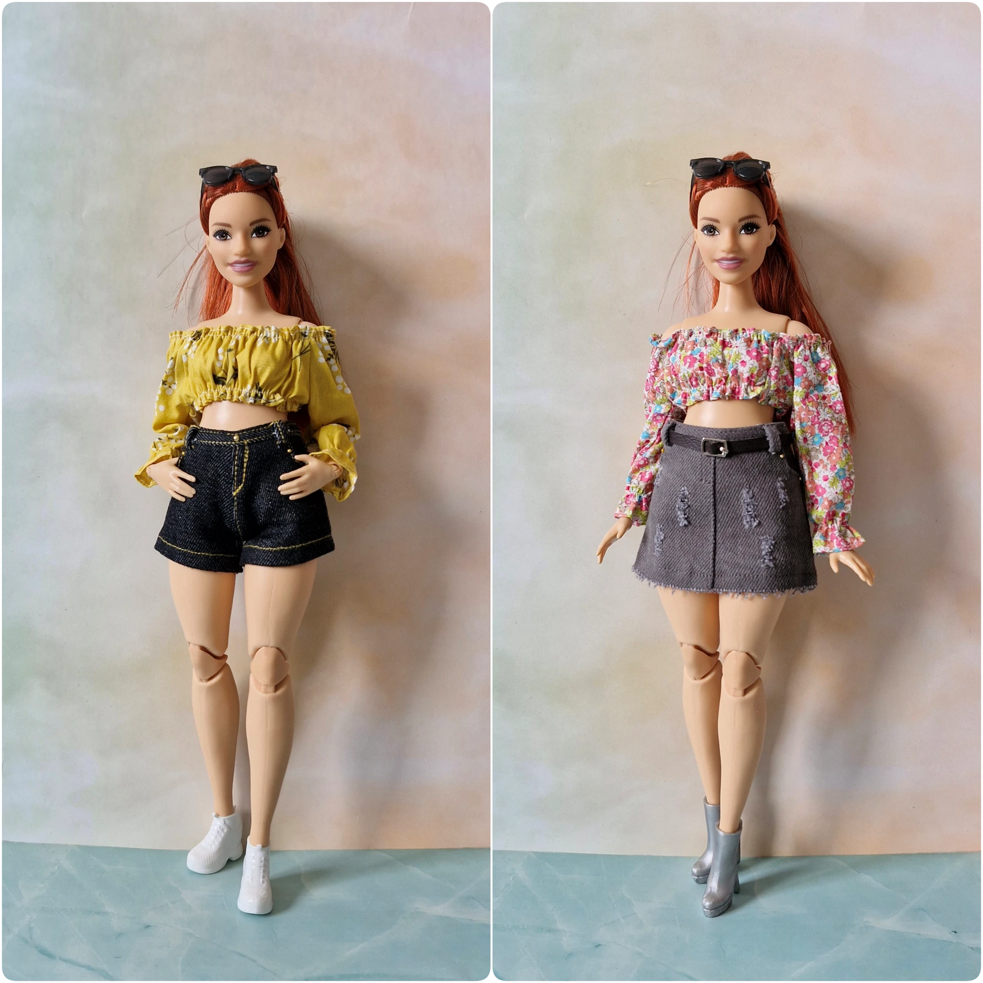 Two dolls wearing different outfits on a plain background