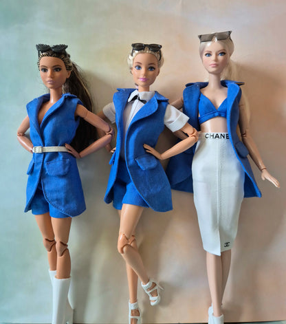 Blue sleeveless blazer, blue bra and short sets for Barbie doll.