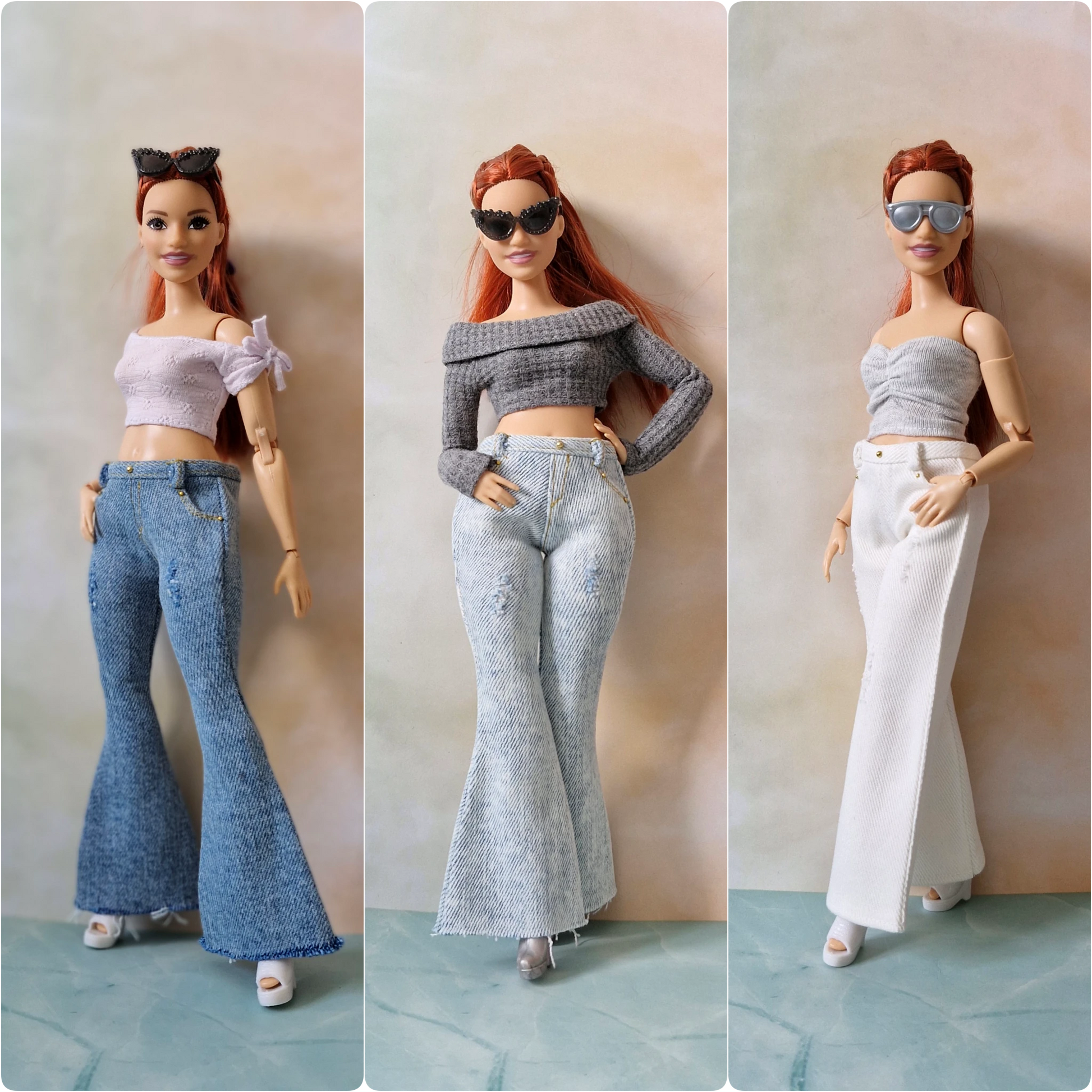 Three Curvy Barbie outfit variations side-by-side