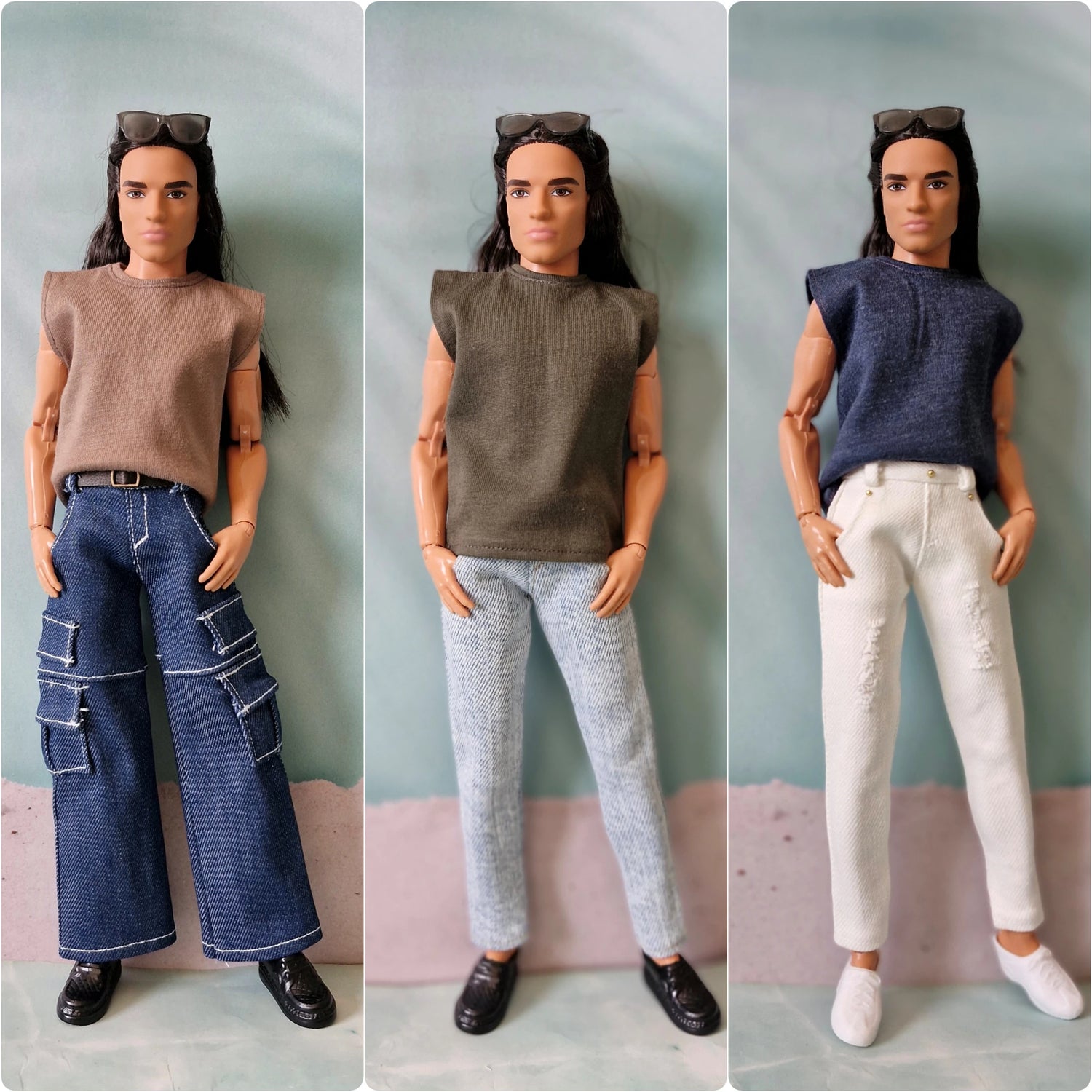 Collage of three Ken dolls showcasing different mix-and-match outfits: brown top with cargo jeans, olive top with light jeans, and navy top with white jeans.