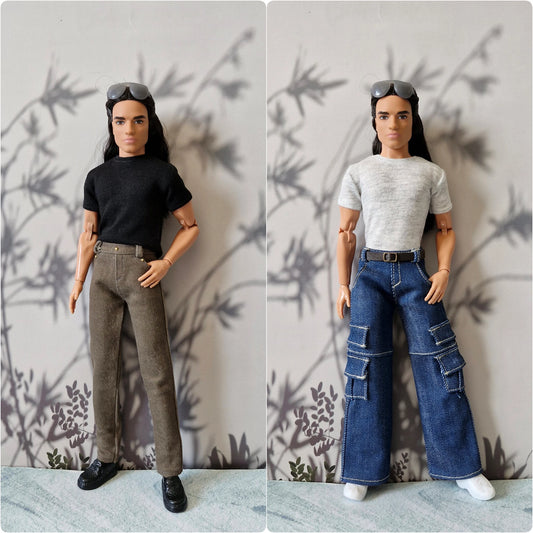 Side by side comparison of Ken doll in black tee with brown pants and grey tee with denim cargo jeans