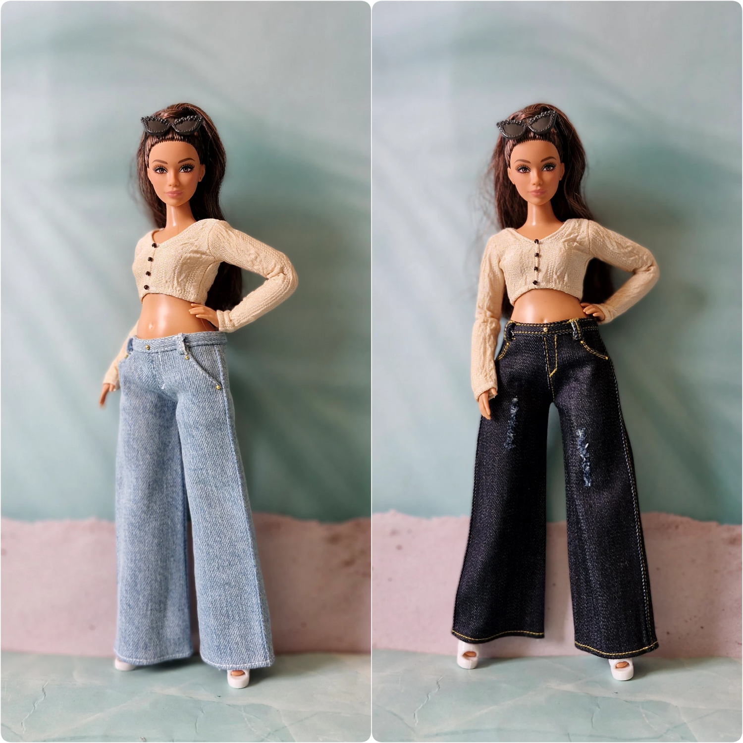 Comparison of Curvy Barbie doll wearing cream knit top with light blue and dark blue wide leg jeans