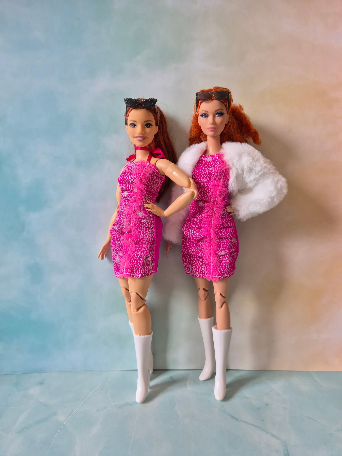 Pink dress and white jacket for barbie doll