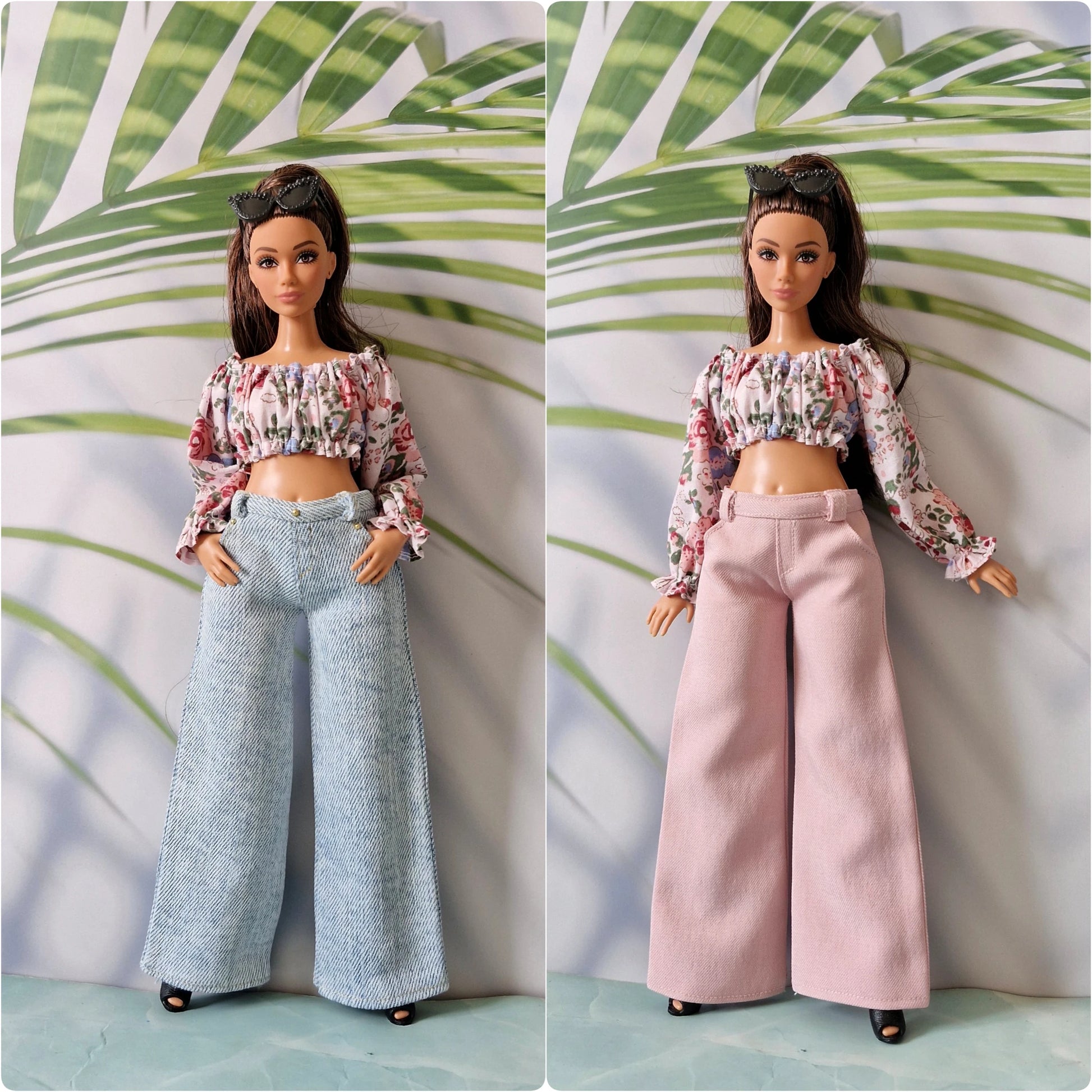 Side-by-side comparison of two Curvy Barbie dolls wearing the same floral crop top, one with light blue jeans and the other with pink wide-leg pants.