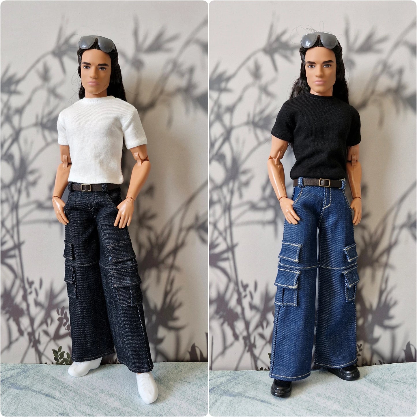 Side-by-side comparison of two Ken dolls wearing white and black t-shirts with dark and blue cargo jeans