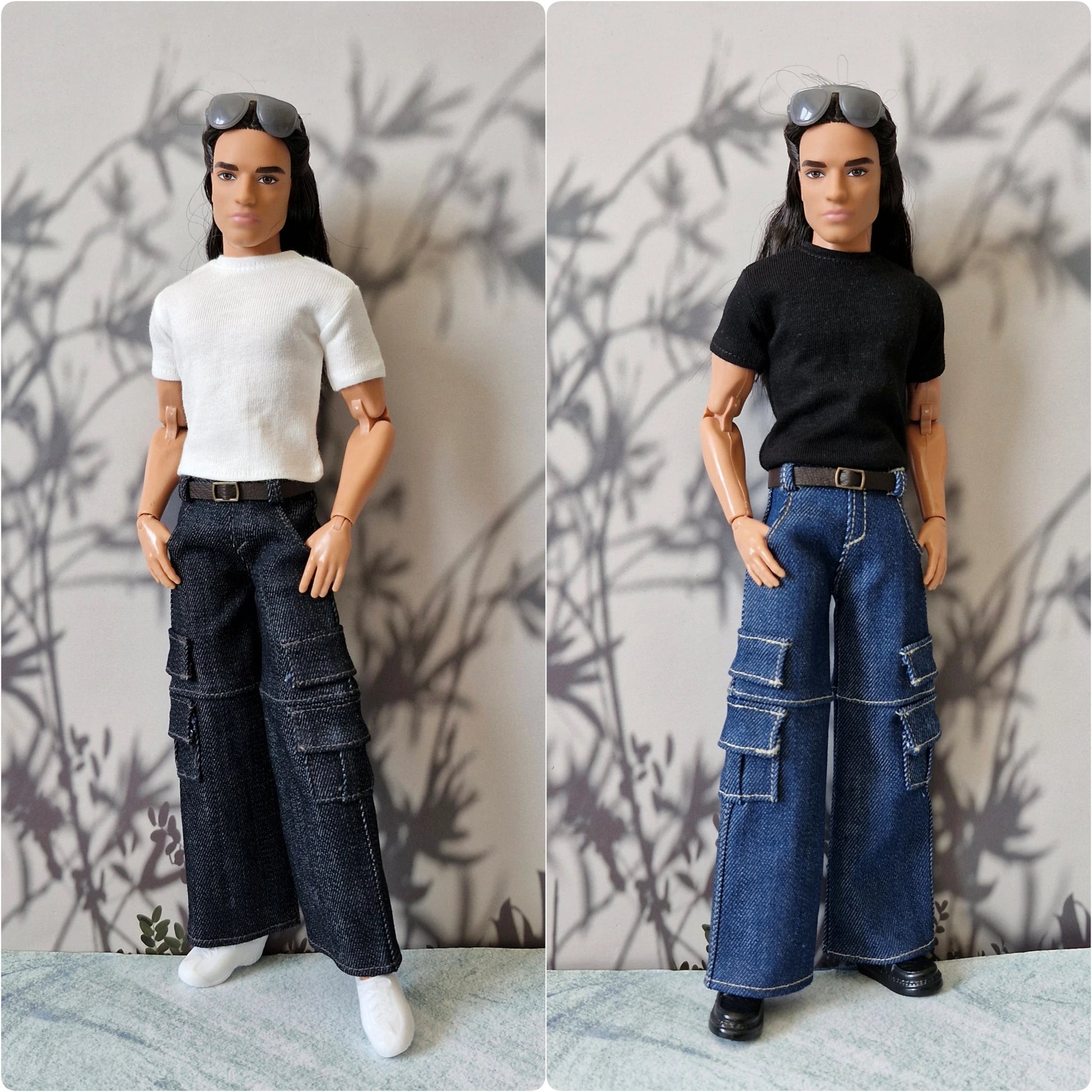 Side-by-side comparison of two Ken dolls wearing white and black t-shirts with dark and blue cargo jeans