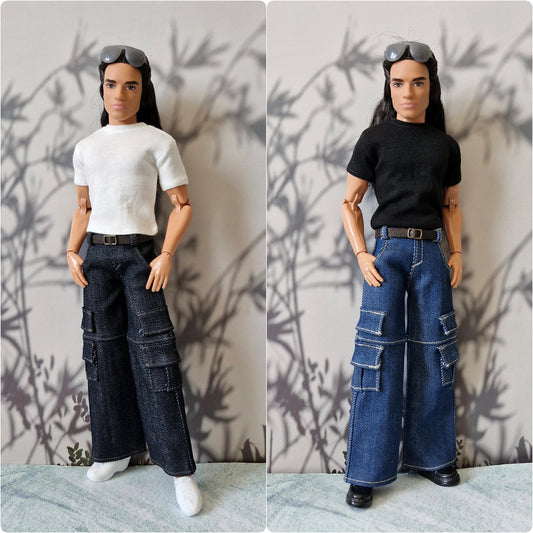 Side-by-side comparison of two Ken dolls wearing white and black t-shirts with dark and blue cargo jeans