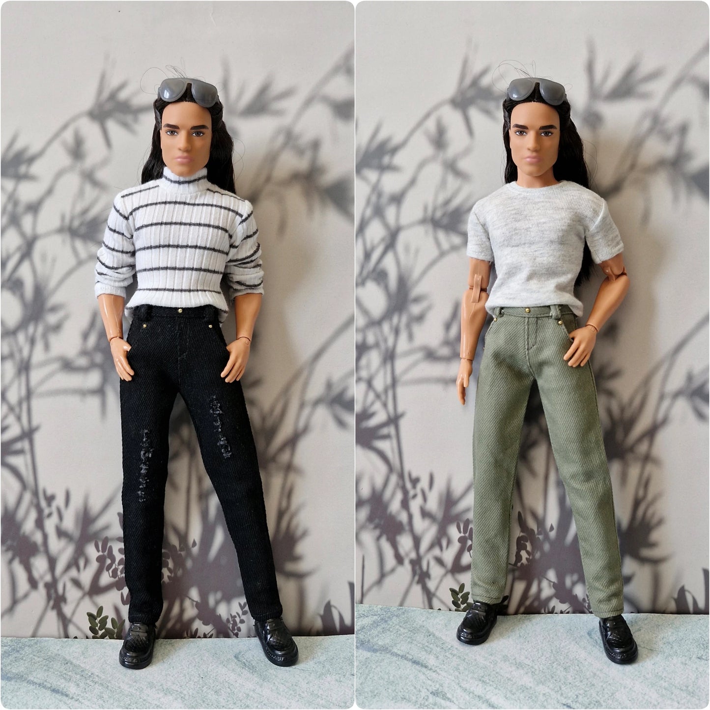 Side by side view of Ken doll in a striped turtleneck with black jeans and a grey tee with olive pants