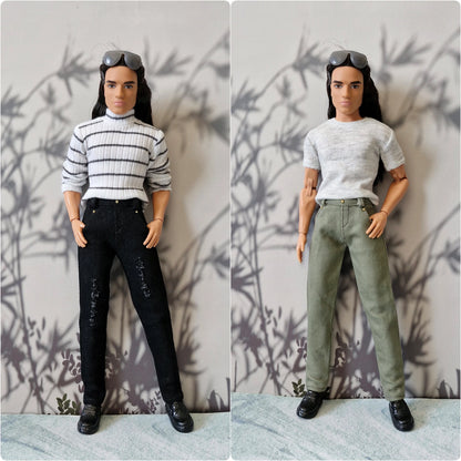 Side by side view of Ken doll in a striped turtleneck with black jeans and a grey tee with olive pants