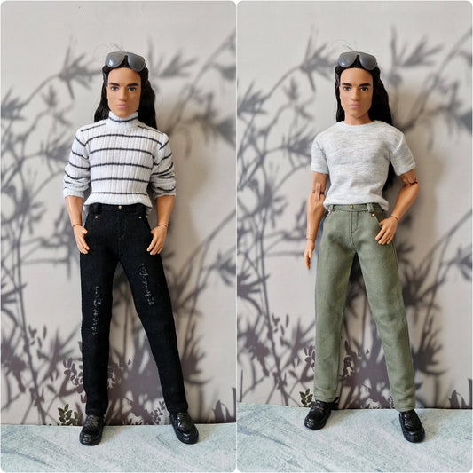 Side by side view of Ken doll in a striped turtleneck with black jeans and a grey tee with olive pants