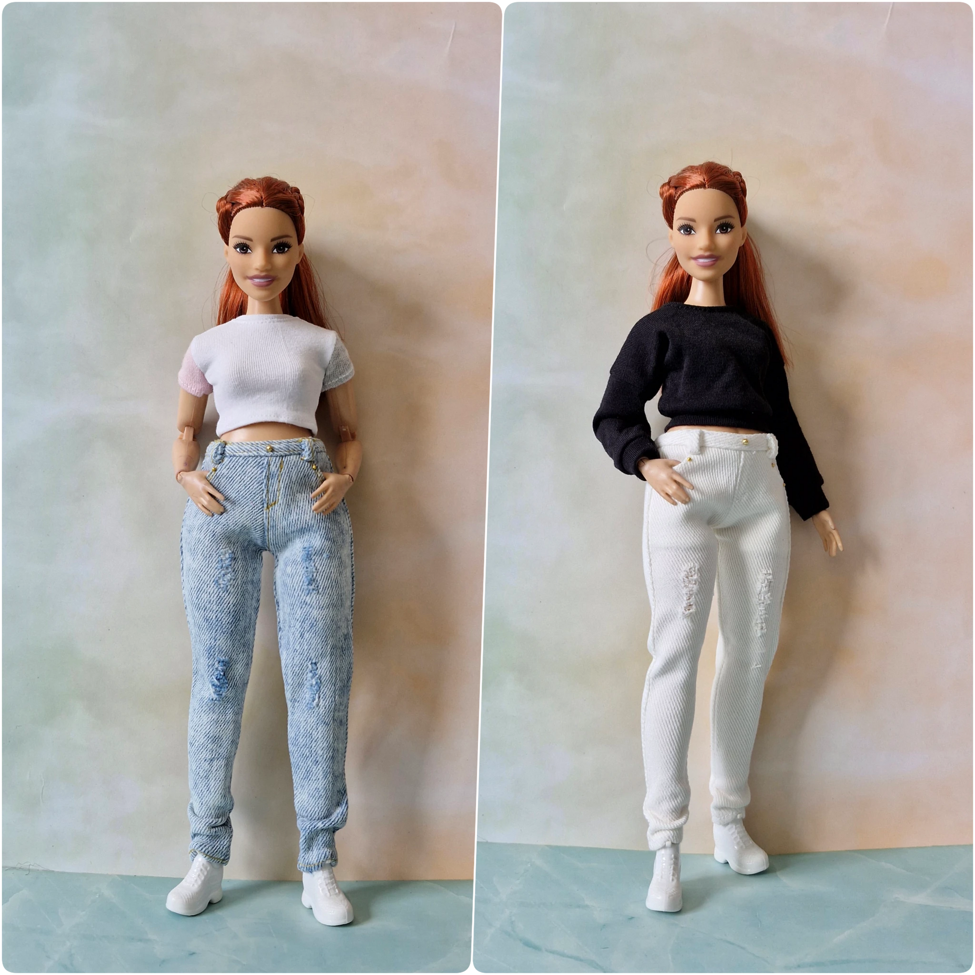 Composite image showing a Curvy Barbie doll in two modern outfits: one with a white t-shirt and blue acid-wash jeans, the other with a black sweater and white jeans.