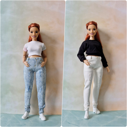 Composite image showing a Curvy Barbie doll in two modern outfits: one with a white t-shirt and blue acid-wash jeans, the other with a black sweater and white jeans.