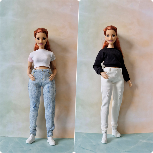 Composite image showing a Curvy Barbie doll in two modern outfits: one with a white t-shirt and blue acid-wash jeans, the other with a black sweater and white jeans.